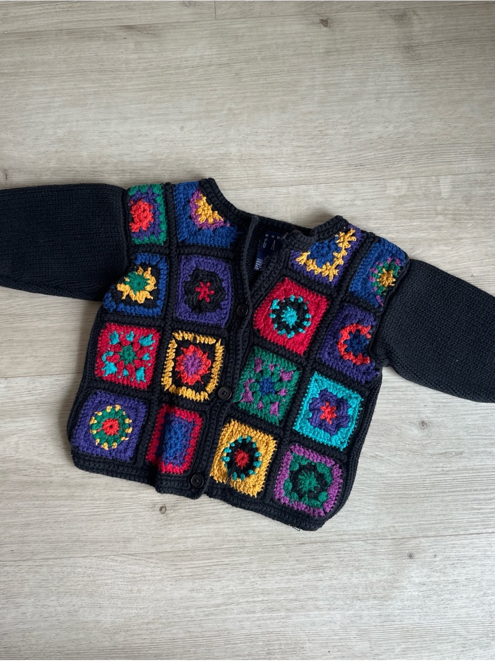 GAP Baby Charcoal Crochet Cardigan with Multicolor Granny Squares